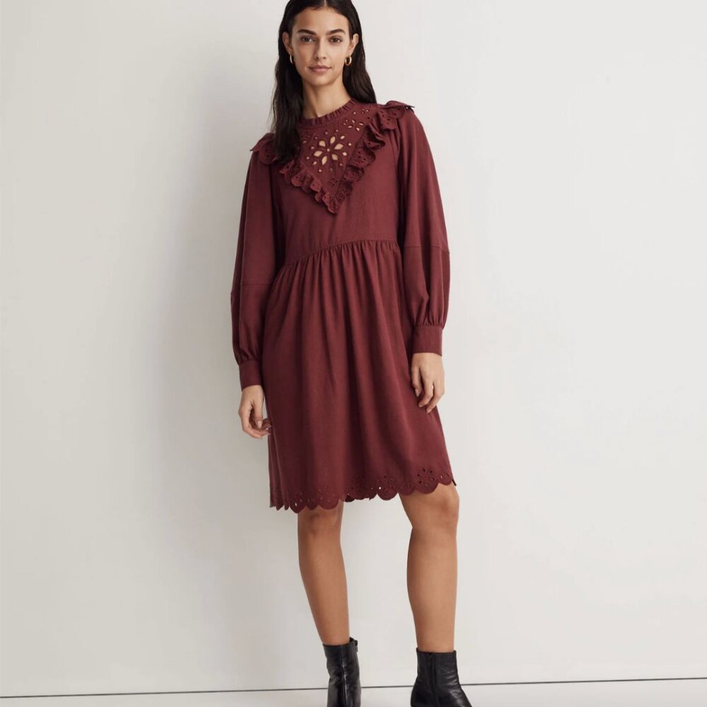 Madewell Burgundy Red Embroidered Ruffled Flannel Mini Dress - Size XS